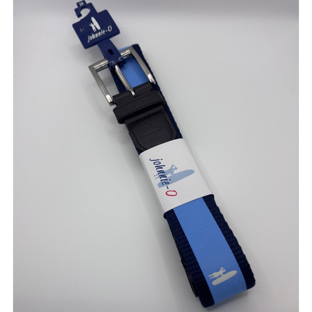 Johnnie-O Belt Mens 28 Blue Brown Webbed Leather Logo JMBL1010 New Golf Active